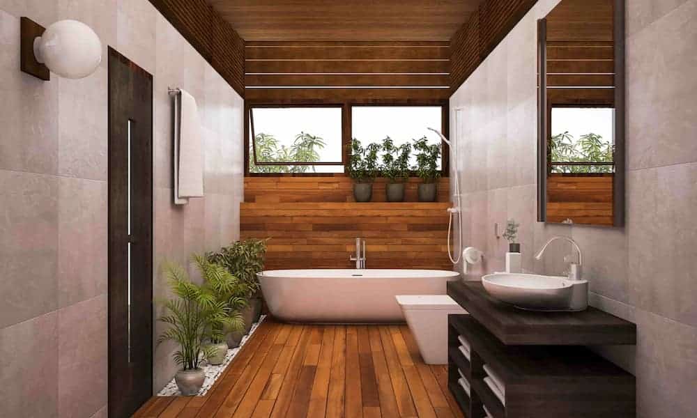 contemporary wood bathroom with plants