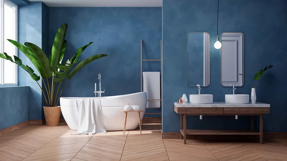 luxurious modern bathroom interior design grunge dark blue wall